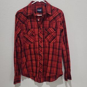Wrangler Mens Red Black Plaid Button Up Shirt Long Sleeve Point Collar MVG291R